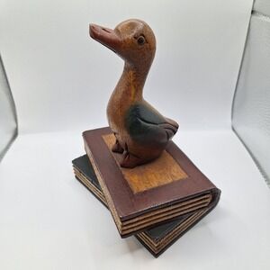 Wooden Folk Art Duck On Top Of Books Made In Thailand Vintage Tag Den Study